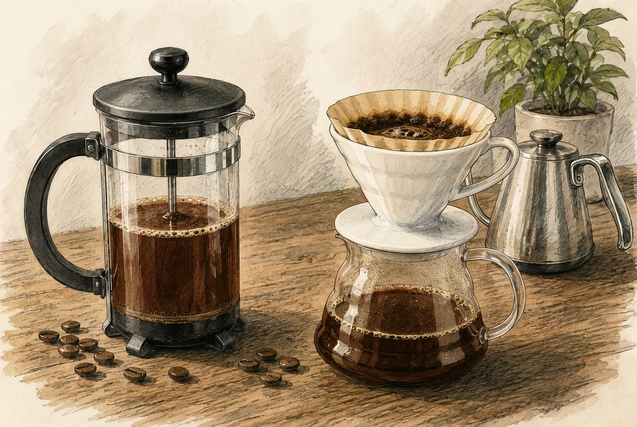 French roast and pour over coffee brewing methods right next to eachother