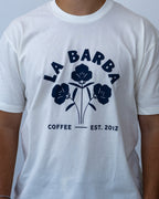 White t-shirt with 'La Barba Coffee' logo on a plain background