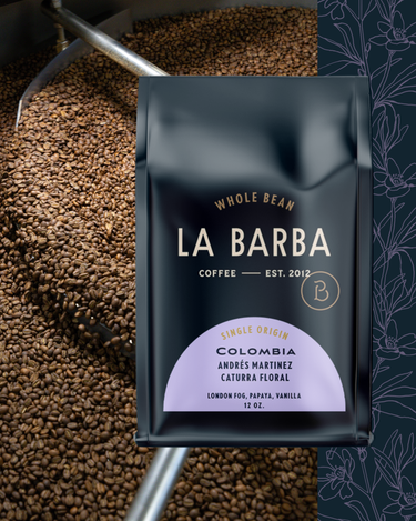 La Barba coffee package with coffee beans in the background