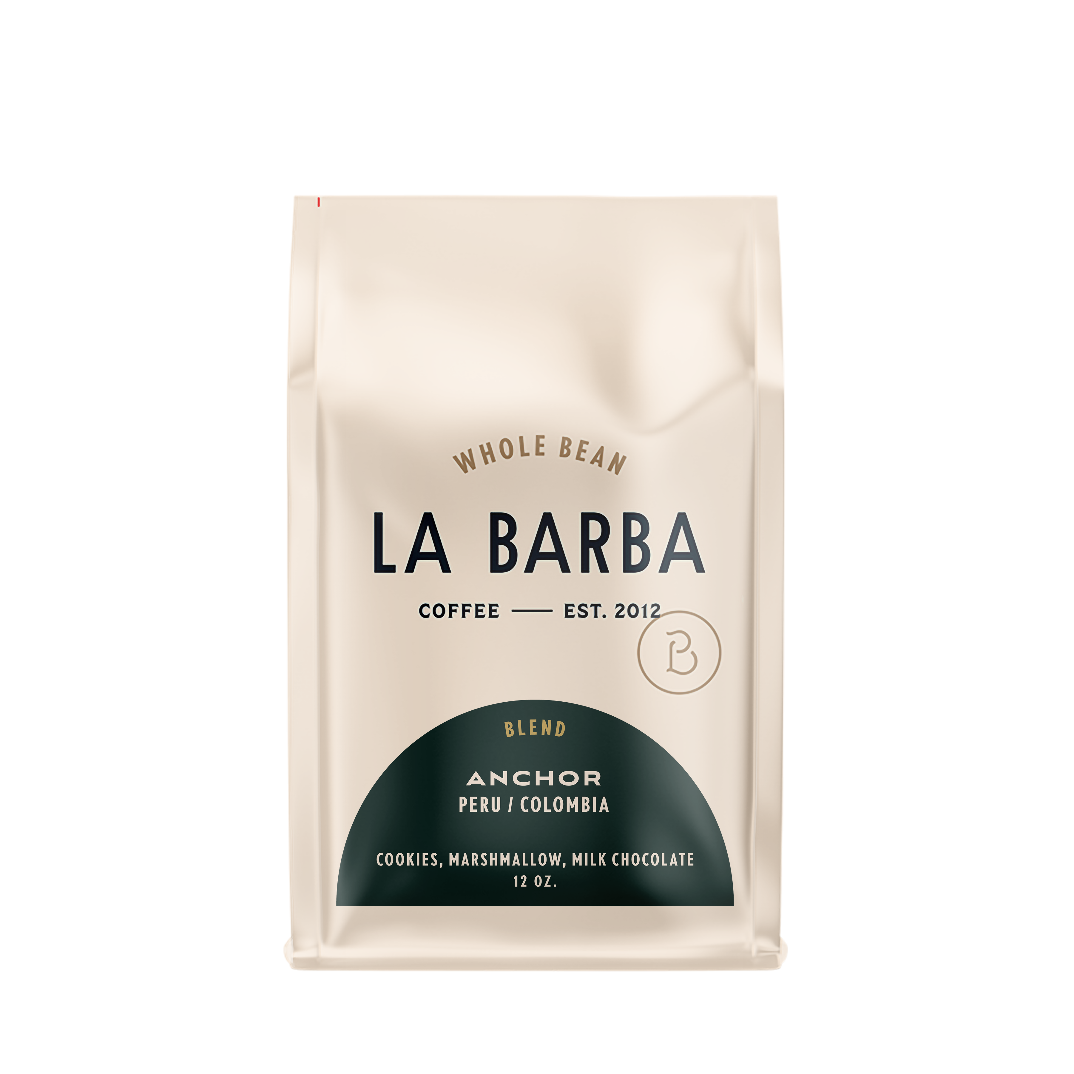 The image features a 12oz bag of La Barba Coffee, specifically their Anchor Blend. The bag is designed with an ivory white background, prominently displaying the brand name "La Barba" in large, elegant letters. It highlights the coffee blend's origins, Peru and Colombia, and includes a description of the flavor profile, including notes of Cookies, Marshmallow, amd Milk Chocolate. The design exudes a premium and modern feel with a minimalist, sophisticated look.