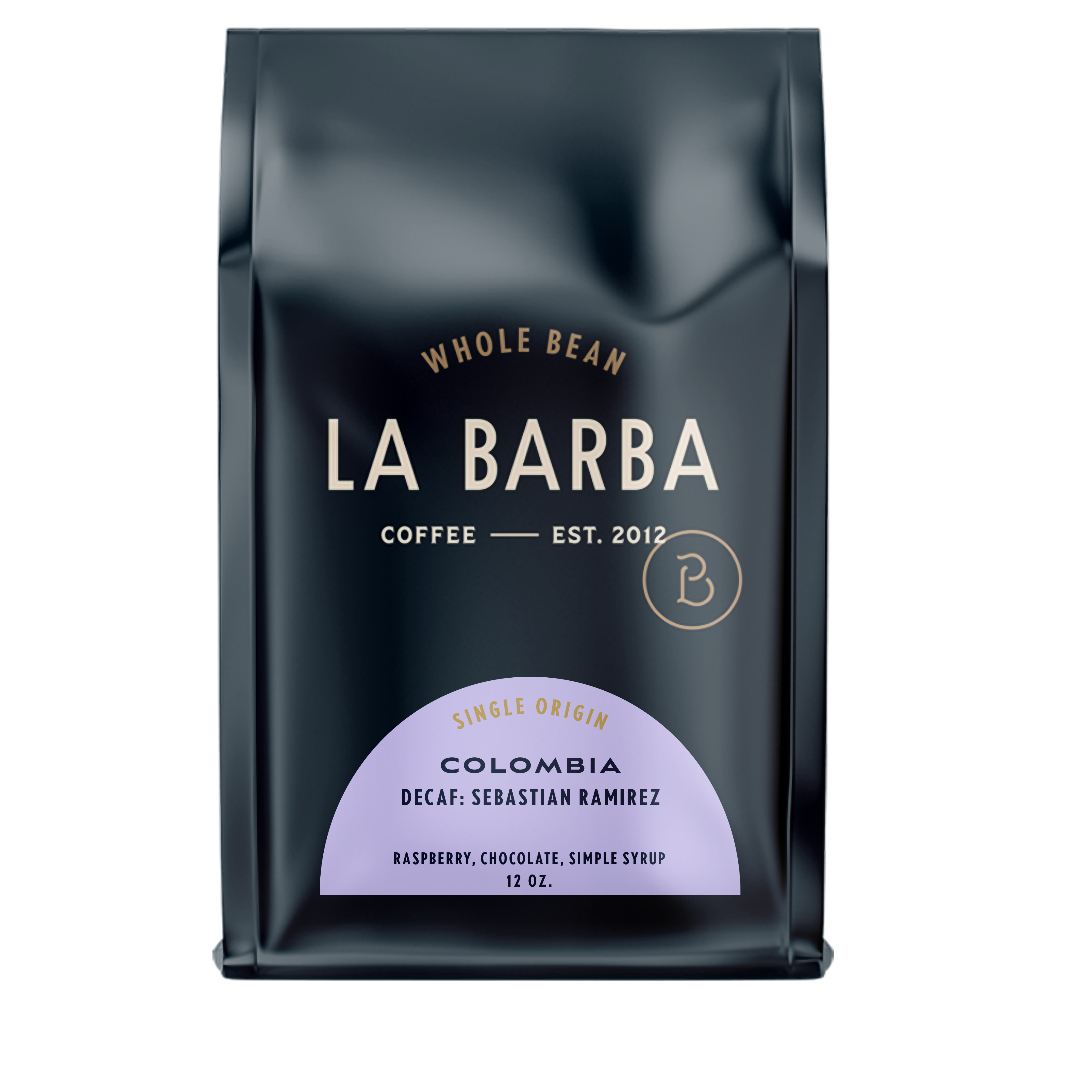 The image features a 12oz bag of La Barba Coffee, specifically their Colombia Decaf Sebastian Ramirez. The bag is designed with a dark background, prominently displaying the brand name "La Barba" in large, elegant letters. It highlights the coffee's origin, Colombia, along with a description of the flavor profile, including notes of orange zest, chocolate, and nougat. The design exudes a premium and modern feel with a minimalist, sophisticated look.