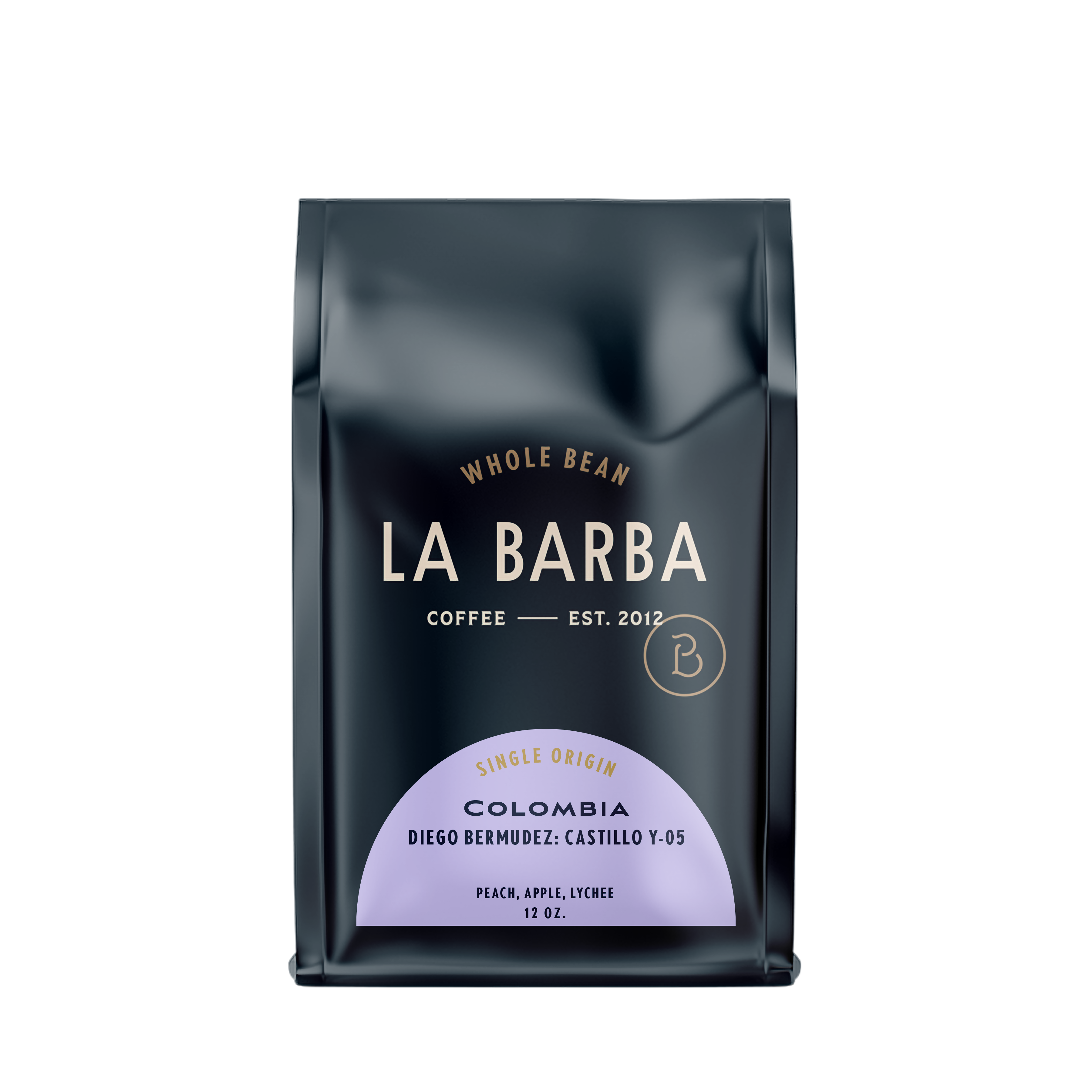 The image features a 12oz bag of La Barba Coffee, specifically their Colombia Diego Bermudez single-origin coffee. The bag is designed with a dark background, prominently displaying the brand name "La Barba" in large, elegant letters. It highlights the coffee's origin, Colombia, along with a description of the flavor profile, including notes of peach, apple, lychee. The design exudes a premium and modern feel with a minimalist, sophisticated look.
