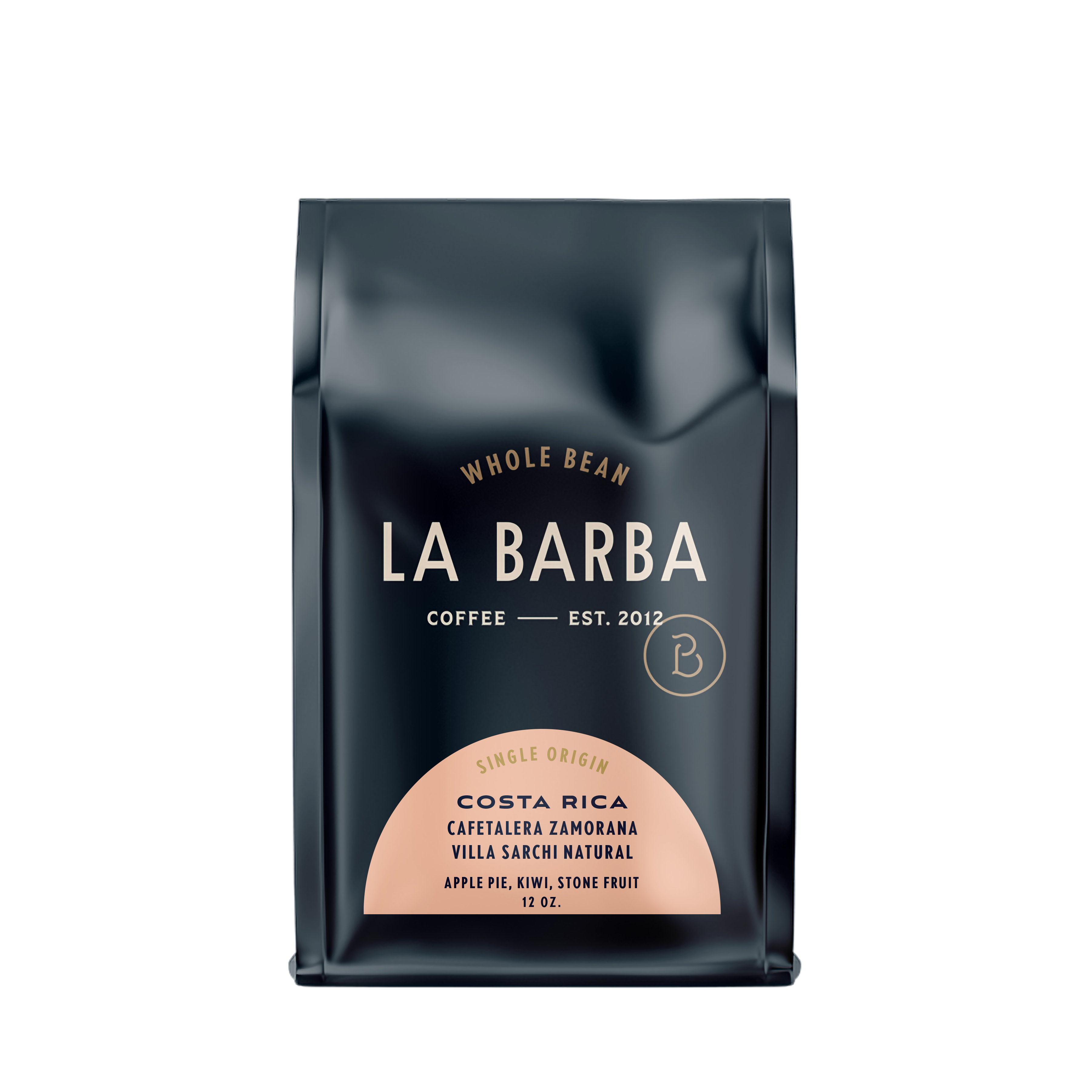 The image features a 12oz bag of La Barba Coffee, specifically their Costa Rica, Cafetalera Zamorana. The bag is designed with a dark background, prominently displaying the brand name "La Barba" in large, elegant letters. It highlights the coffee's origin, Costa Rica, along with a description of the flavor profile, including notes of apple pie, kiwi, and stone fruit. The design exudes a premium and modern feel with a minimalist, sophisticated look.