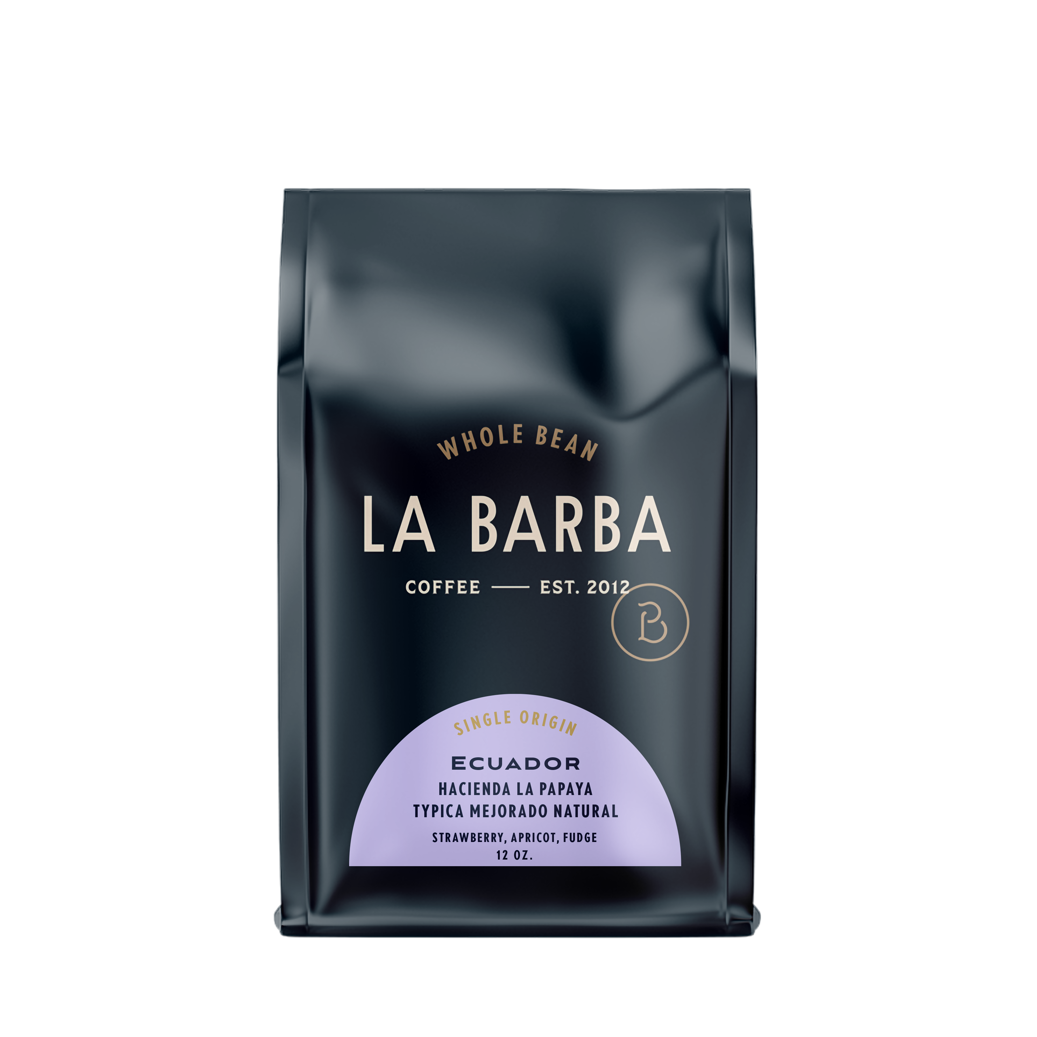 The image features a 12oz bag of La Barba Coffee, specifically their Ecuador Hacienda La Papaya, Typica Mejorado Natural. The bag is designed with a dark background, prominently displaying the brand name "La Barba" in large, elegant letters. It highlights the coffee's origin, Ecuador, along with a description of the flavor profile, including notes of strawberry, apricot, and fudge. The design exudes a premium and modern feel with a minimalist, sophisticated look.