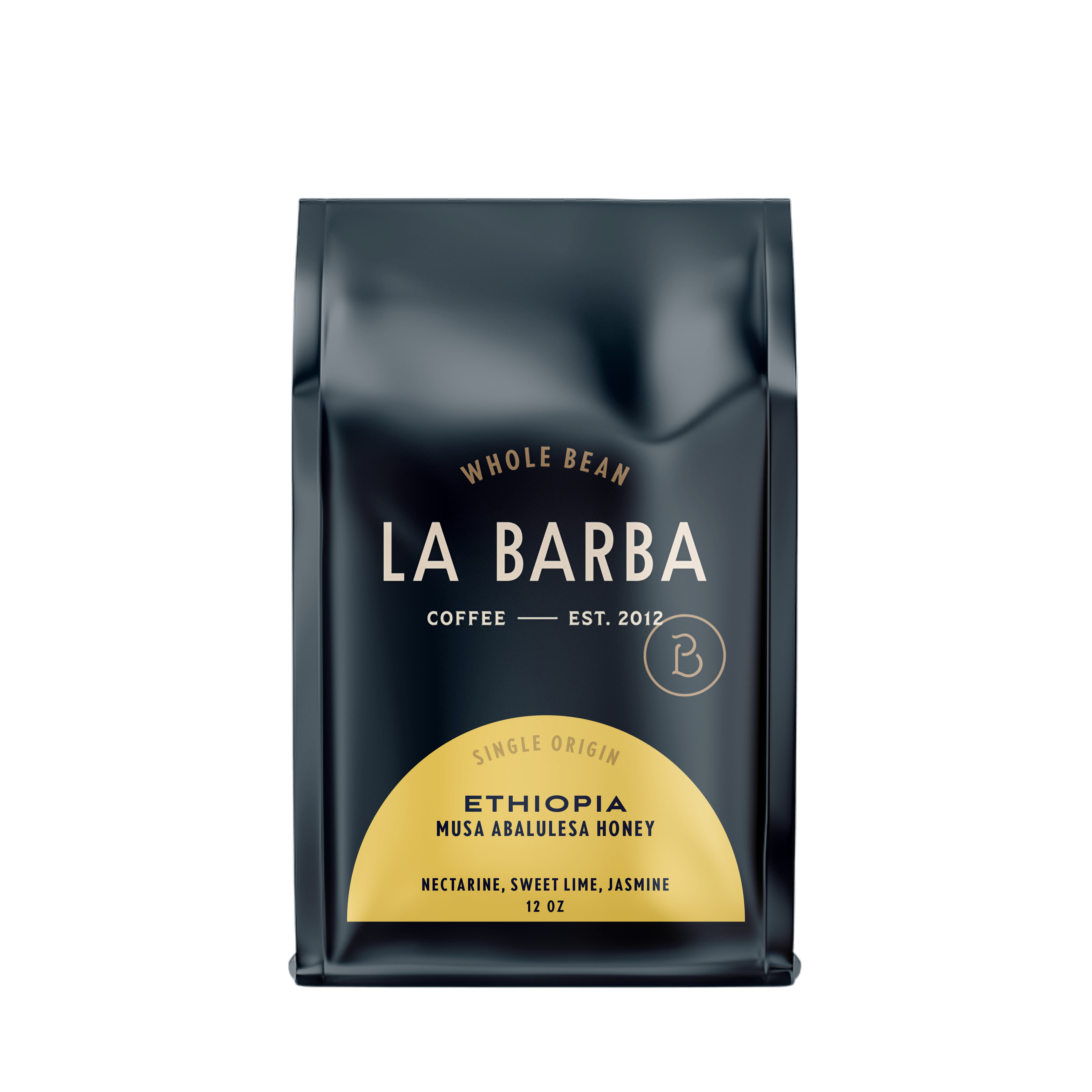 The image features a 12oz bag of La Barba Coffee, specifically their Ethiopia Musa Abalulesa Honey single-origin coffee. The bag is designed with a dark background, prominently displaying the brand name "La Barba" in large, elegant letters. It highlights the coffee's origin, Ethiopia, along with a description of the flavor profile, including notes of nectarine, sweet lime, and jasmine. The design exudes a premium and modern feel with a minimalist, sophisticated look.