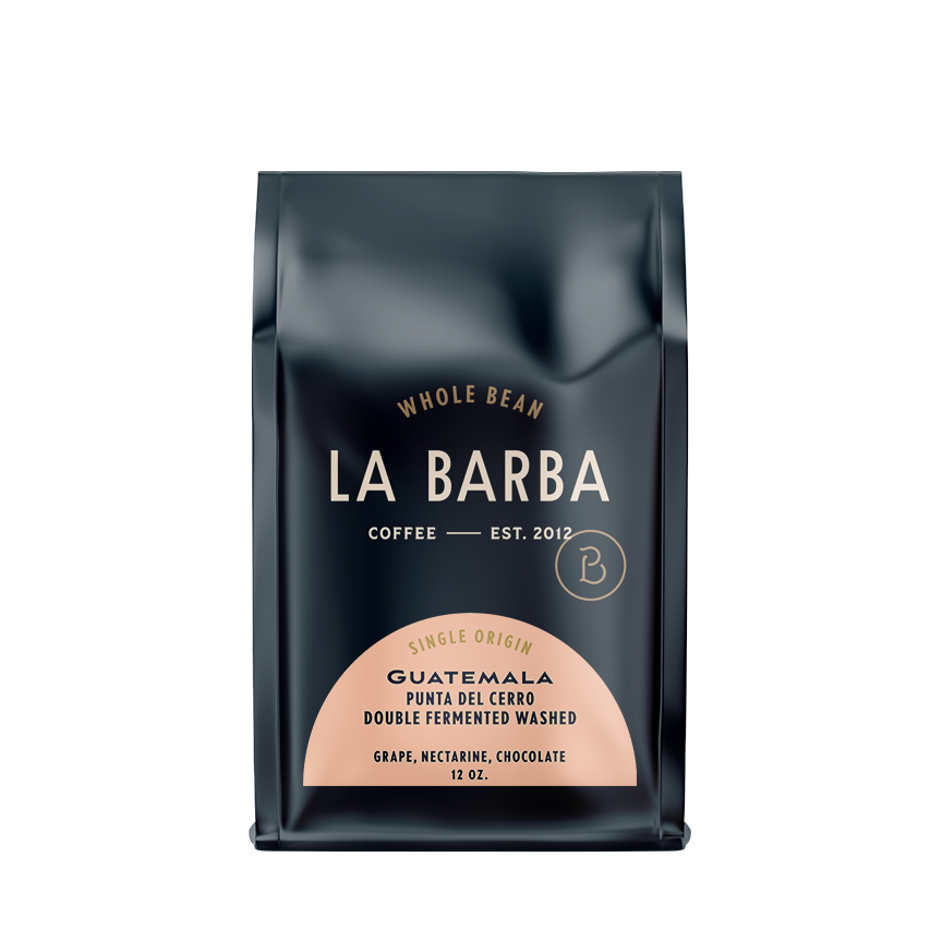 The image features a 12oz bag of La Barba Coffee, specifically their Guatemala Punta Del Cerro. The bag is designed with a dark background, prominently displaying the brand name 