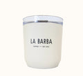 A white Kinto to-go tumbler with 'LA BARBA Coffee' printed on the front.