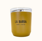 Yellow short travel mug with La Barba logo