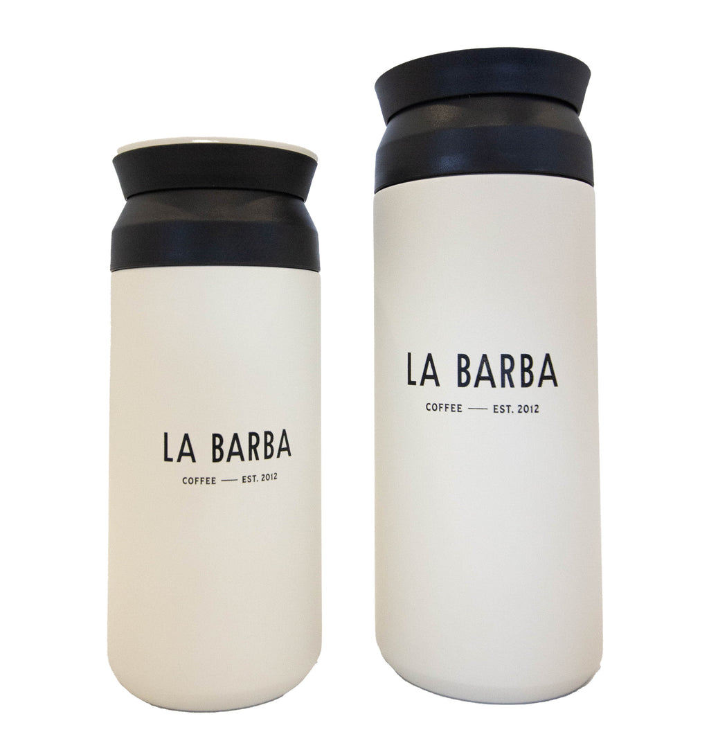 La Barba branded travel coffee mugs