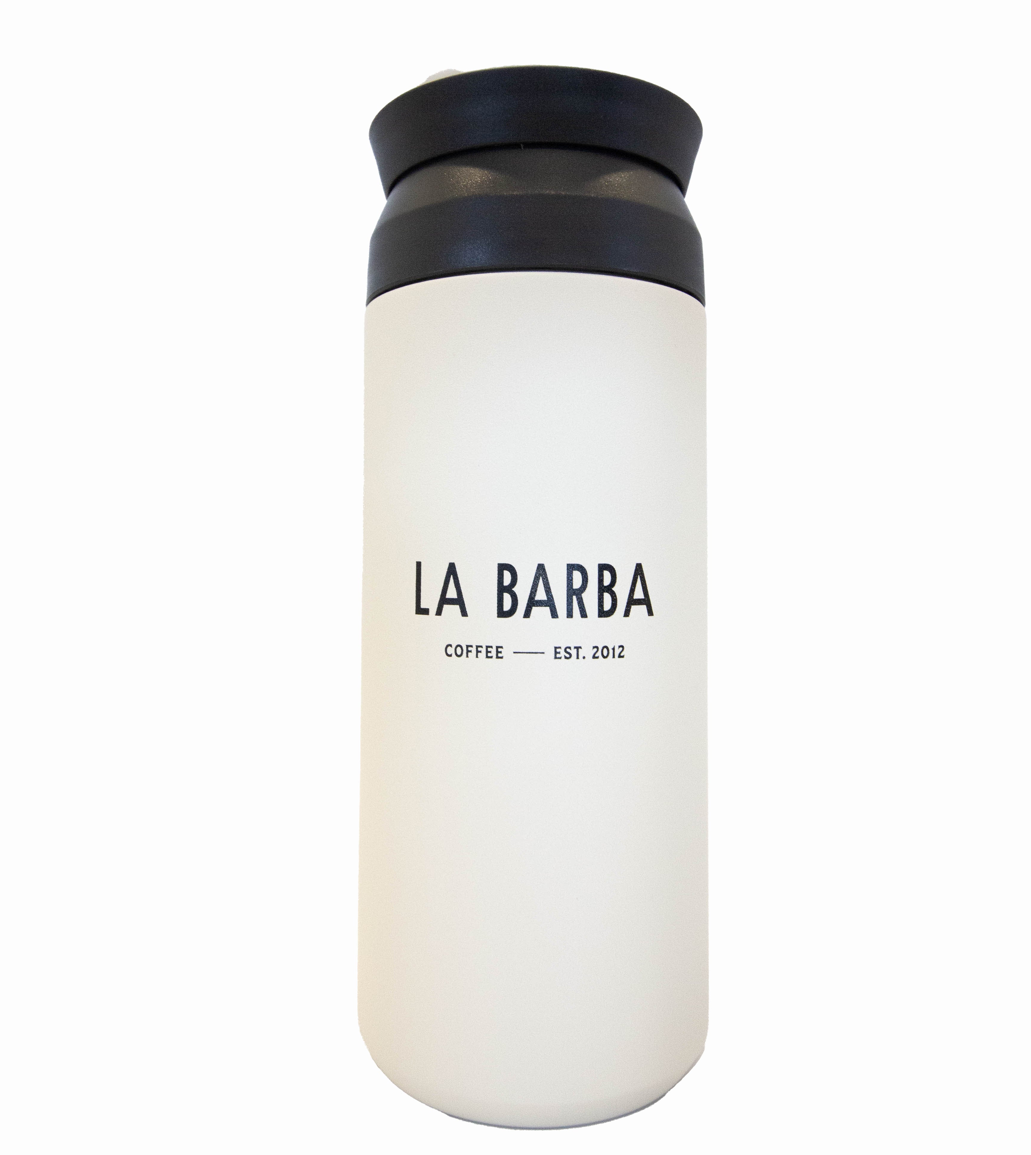 A white Kinto travel tumbler with a black lid and handle, and the brand 'La Barba Coffee' printed on the side.