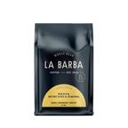 The image features a 12oz bag of La Barba Coffee, specifically their Kenya Bige Tree Estate SL-28. The bag is designed with a dark background, prominently displaying the brand name "La Barba" in large, elegant letters. It highlights the coffee's origin, Kenya, along with a description of the flavor profile, including notes of Guava, Strawberry, and Hibiscus. The design exudes a premium and modern feel with a minimalist, sophisticated look.