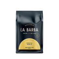 The image features a 12oz bag of La Barba Coffee, specifically their Kenya Guama AA single-origin coffee. The bag is designed with a dark background, prominently displaying the brand name "La Barba" in large, elegant letters. It highlights the coffee's origin,Kenya, along with a description of the flavor profile, including notes of plum, mango, and spice. The design exudes a premium and modern feel with a minimalist, sophisticated look.