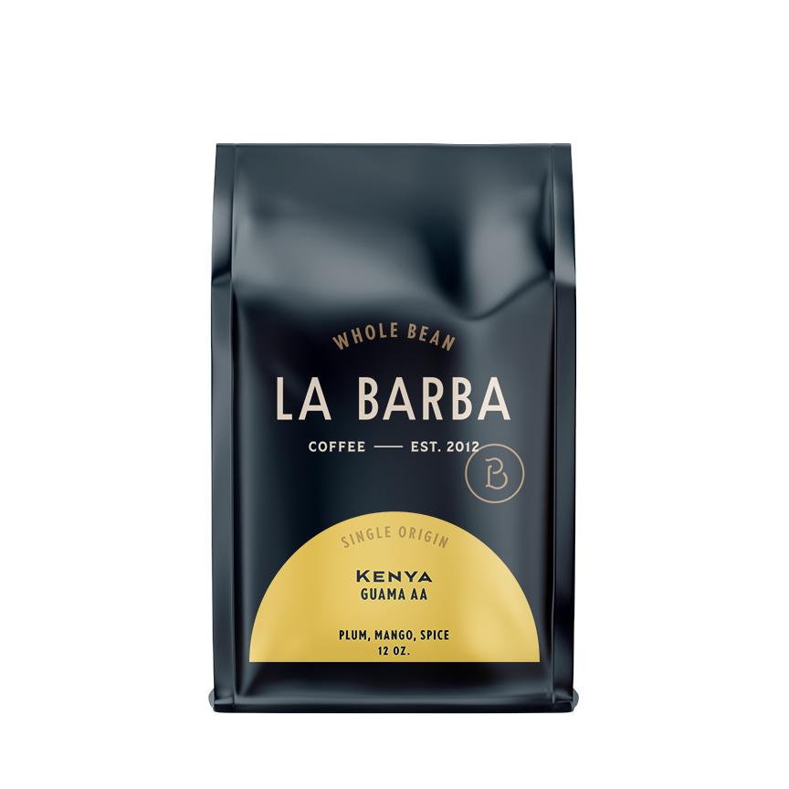 The image features a 12oz bag of La Barba Coffee, specifically their Kenya Guama AA single-origin coffee. The bag is designed with a dark background, prominently displaying the brand name "La Barba" in large, elegant letters. It highlights the coffee's origin,Kenya, along with a description of the flavor profile, including notes of plum, mango, and spice. The design exudes a premium and modern feel with a minimalist, sophisticated look.