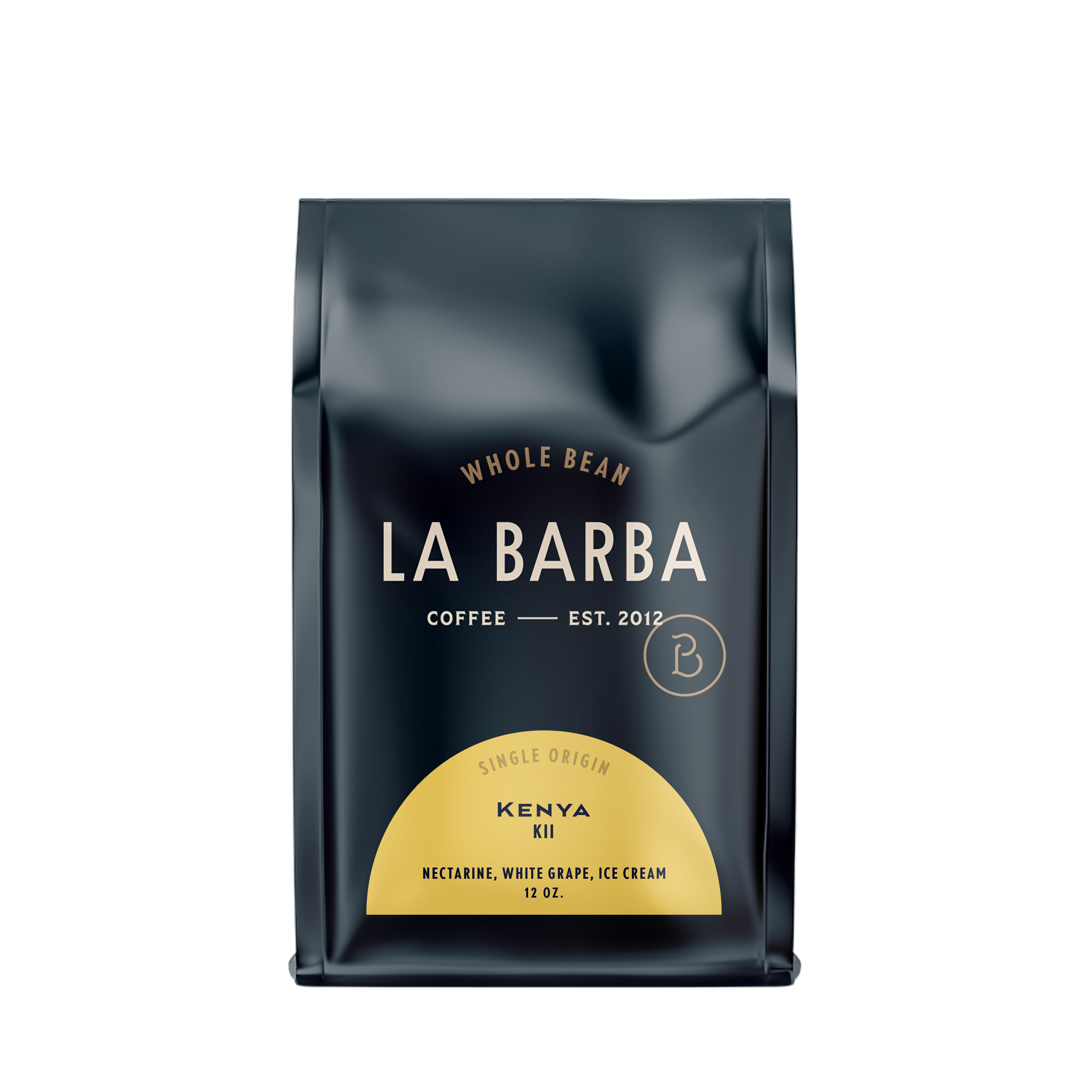 The image features a 12oz bag of La Barba Coffee, specifically their Kenya Kii. The bag is designed with a dark background, prominently displaying the brand name "La Barba" in large, elegant letters. It highlights the coffee's origin, Kenya, along with a description of the flavor profile, including notes of nectarine, white grape, and ice cream. The design exudes a premium and modern feel with a minimalist, sophisticated look.