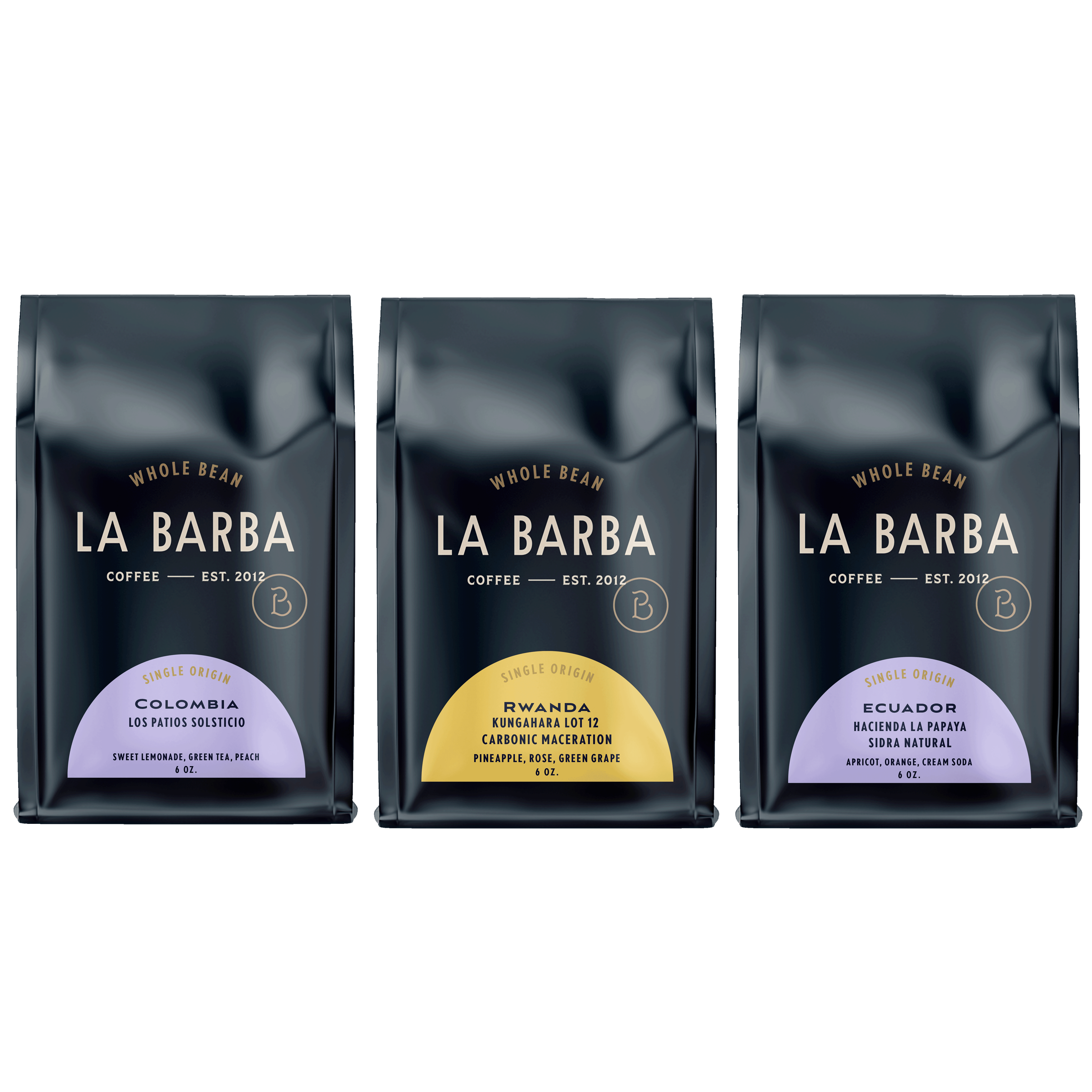 A set of three La Barba Coffee single-origin whole bean bags displayed side by side against a white background. Each bag features La Barba’s signature dark navy packaging. The left bag highlights Colombia Solsticio with flavor notes of sweet lemonade, green tea, and peach. The middle bag features Rwanda Kungahara Lot 12 with pineapple, rose, and green grape notes. The right bag presents Ecuador Sidra Natural with notes of apricot, orange, and cream soda.