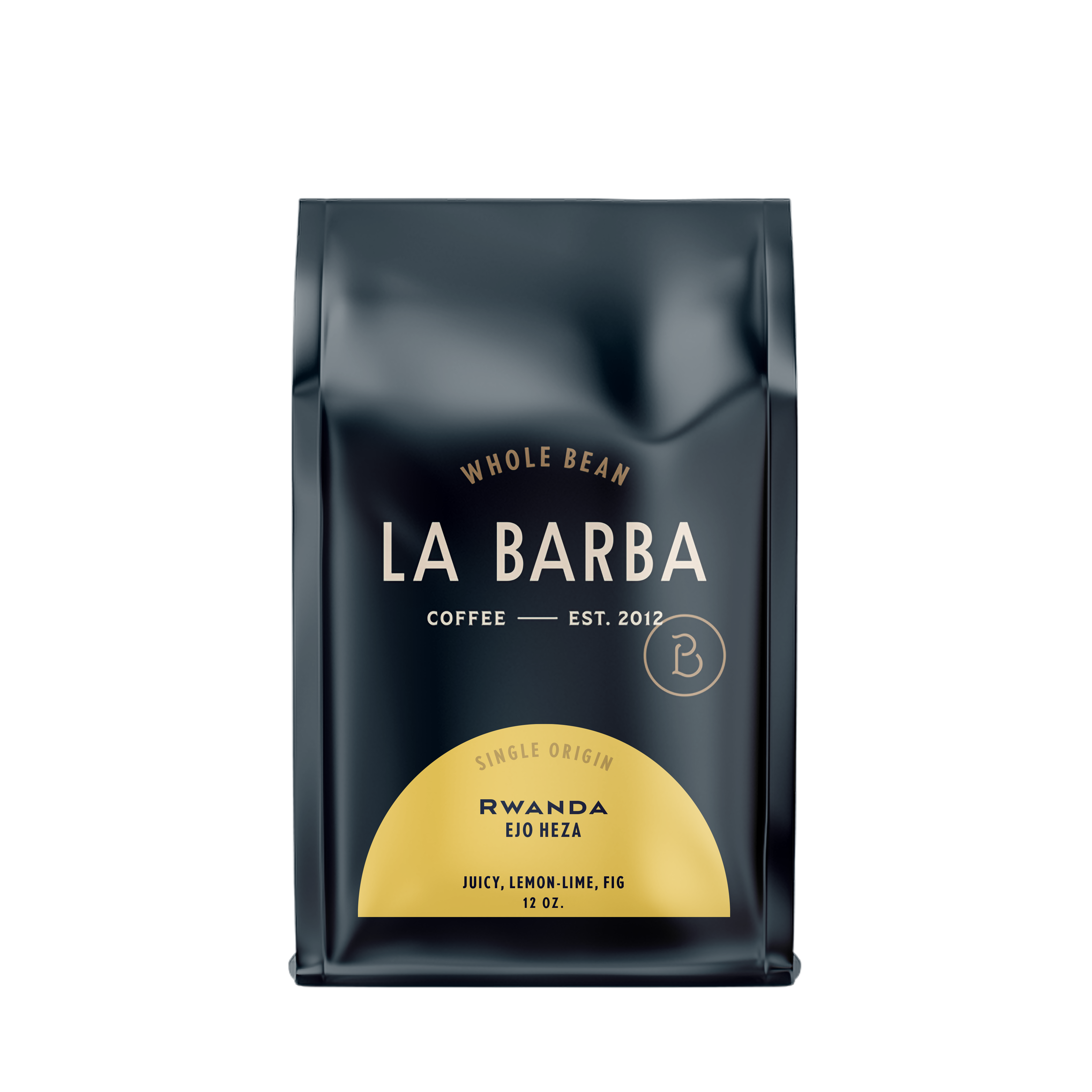 The image features a 12oz bag of La Barba Coffee, specifically their Rwanda Ejo Heza single-origin coffee. The bag is designed with a dark background, prominently displaying the brand name "La Barba" in large, elegant letters. It highlights the coffee's origin, Rwanda, along with a description of the flavor profile, including notes of juicy, lemon-lime, and fig. The design exudes a premium and modern feel with a minimalist, sophisticated look.