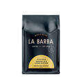 The image features a 12oz bag of La Barba Coffee, specifically their Rwanda Kungahara Lot 12 single-origin coffee. The bag is designed with a dark background, prominently displaying the brand name "La Barba" in large, elegant letters. It highlights the coffee's origin, Rwanda, along with a description of the flavor profile, including notes of pineapple, rose, green grape. The design exudes a premium and modern feel with a minimalist, sophisticated look.