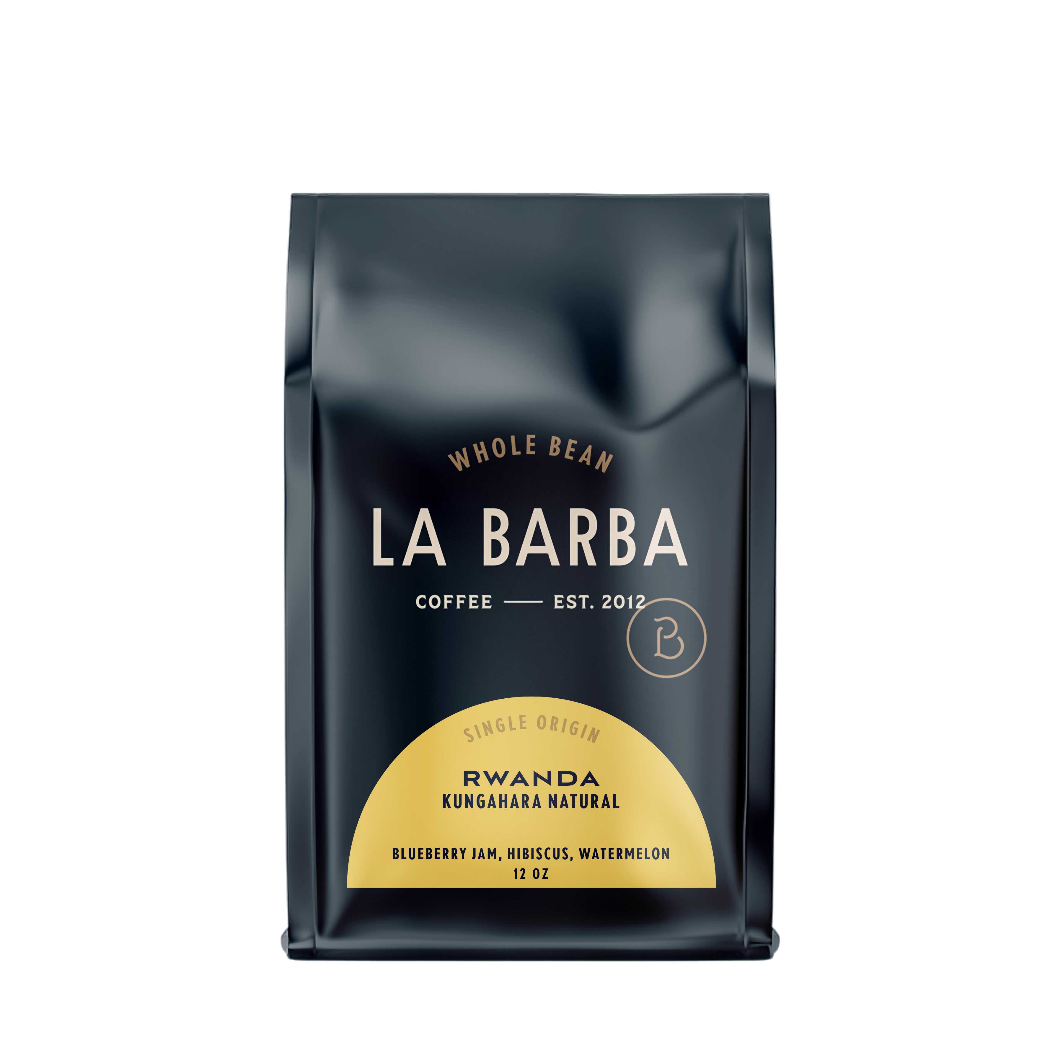 The image features a 12oz bag of La Barba Coffee, specifically their Rwanda Natural single-origin coffee. The bag is designed with a dark background, prominently displaying the brand name "La Barba" in large, elegant letters. It highlights the coffee's origin, Rwanda, along with a description of the flavor profile, including notes of Blueberry Jam, Hibiscus, and Watermelon. The design exudes a premium and modern feel with a minimalist, sophisticated look.