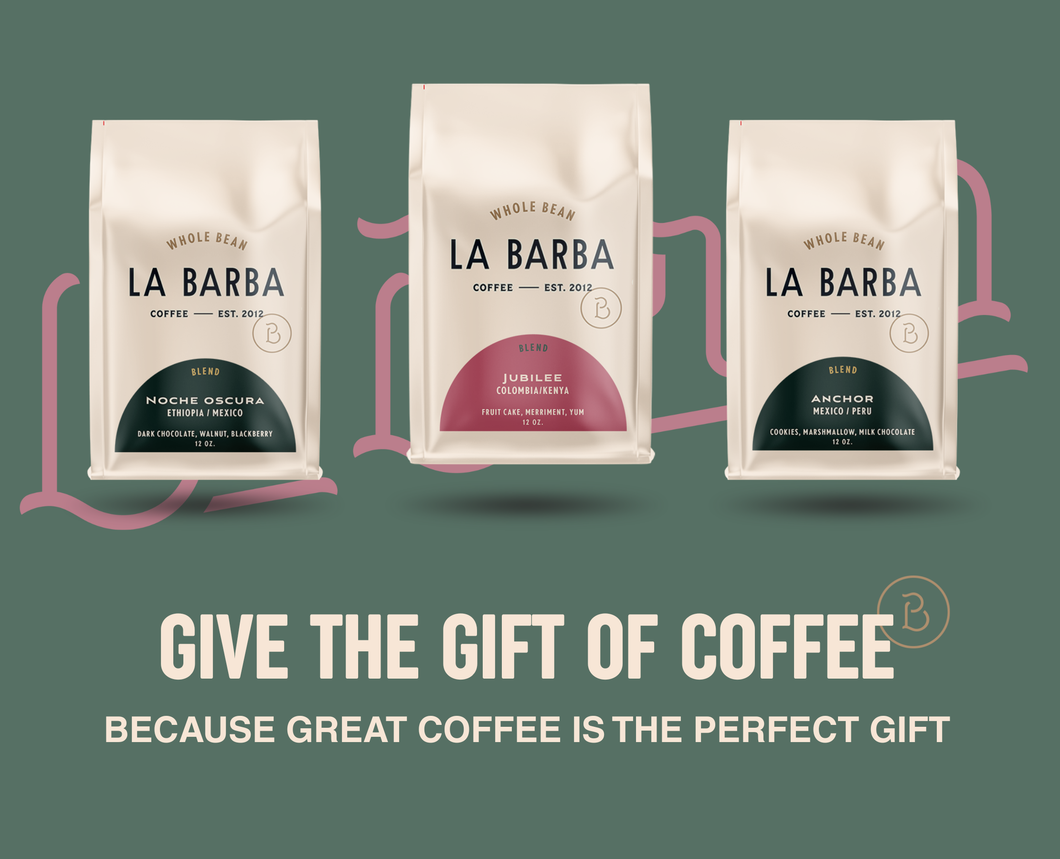 Three La Barba coffee packages on a green background with promotional text.