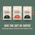 Three La Barba coffee packages on a green background with promotional text.