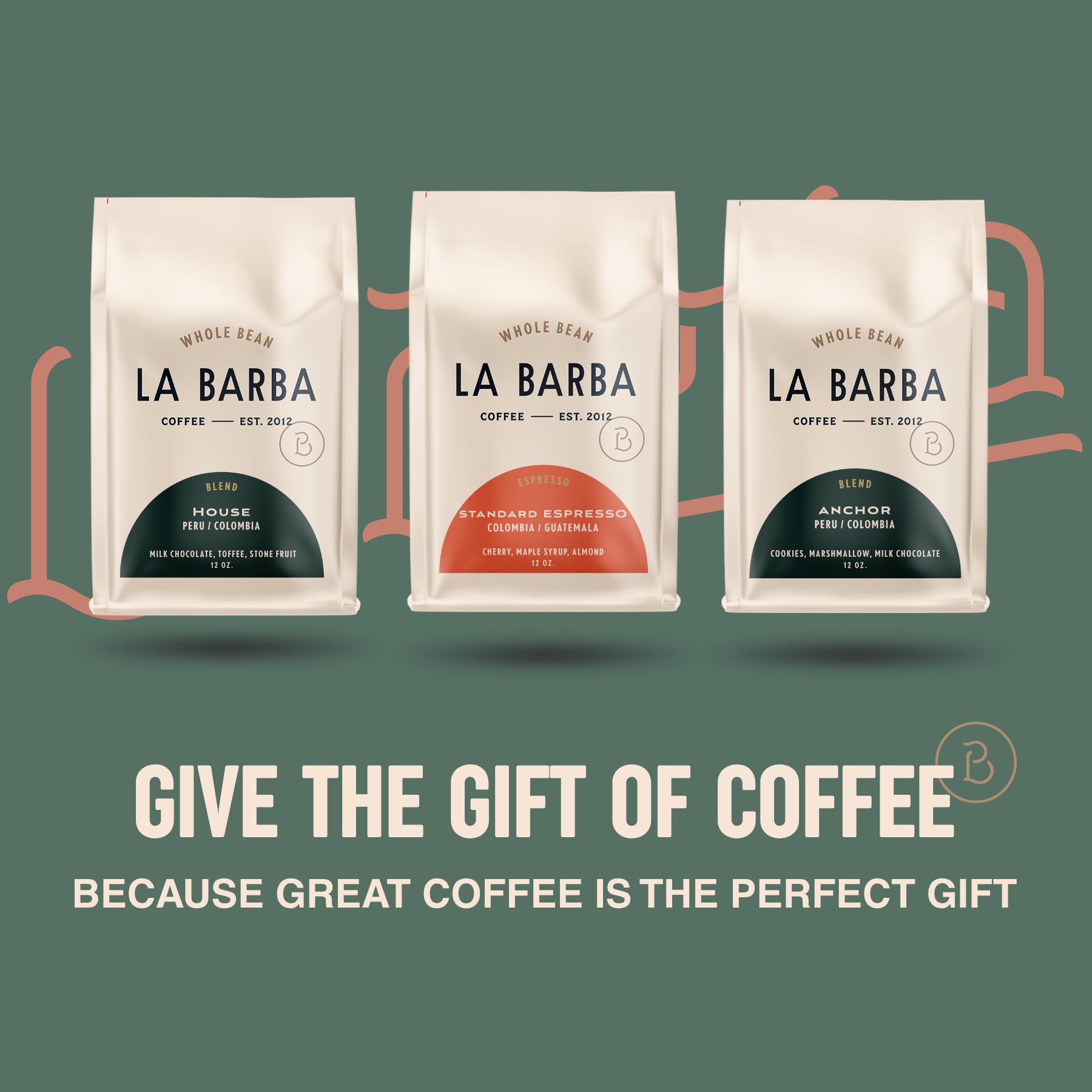 Three La Barba coffee packages on a green background with promotional text.
