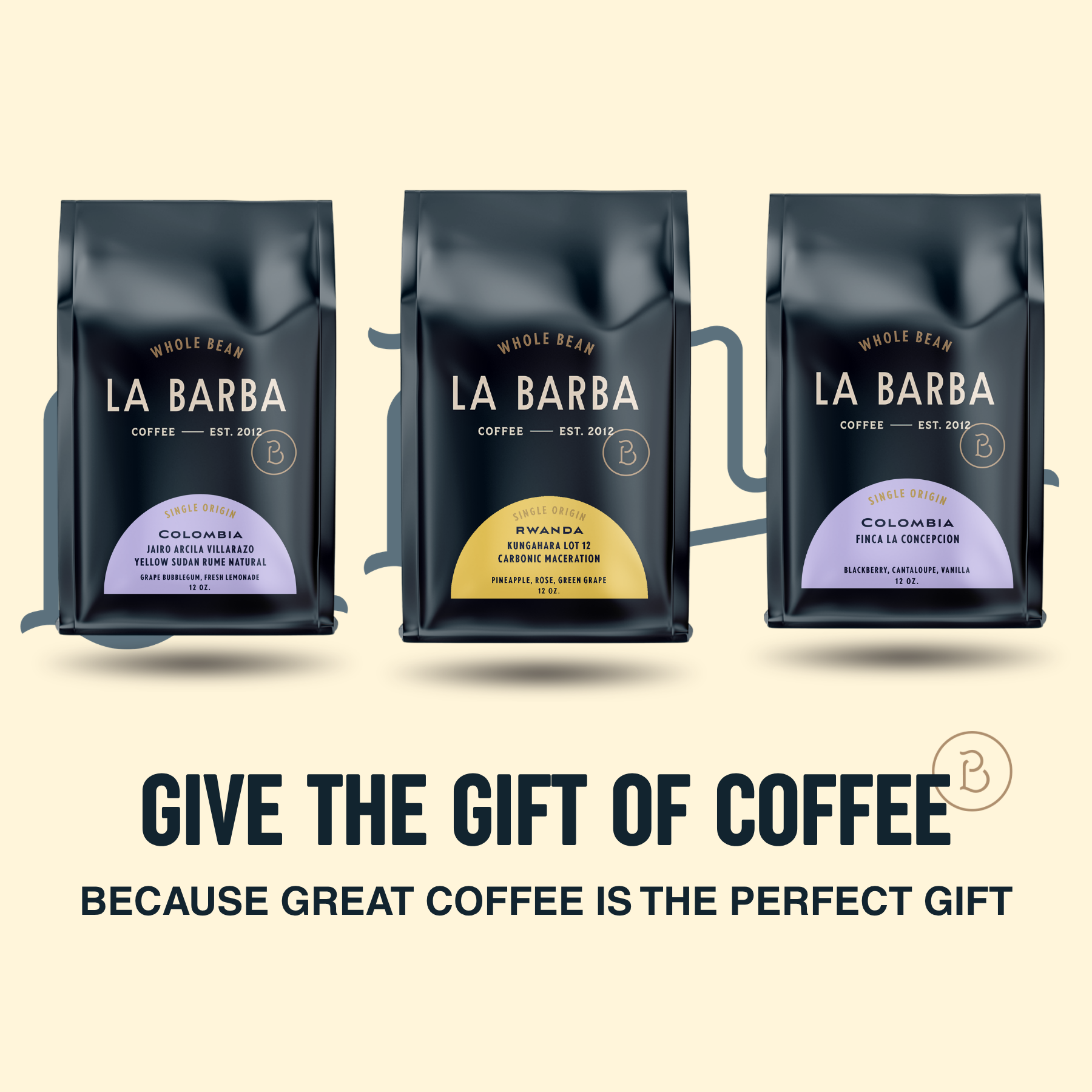 Three La Barba coffee bags with a promotional message on a beige background