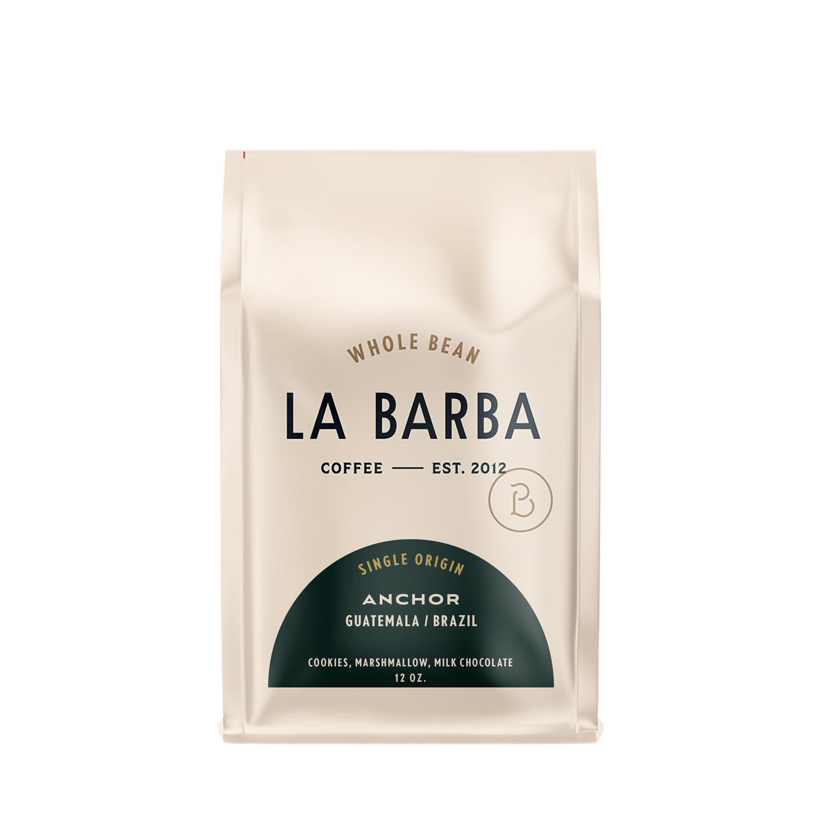 The image features a 12oz bag of La Barba Coffee, specifically their Anchor Blend. The bag is designed with an ivory white background, prominently displaying the brand name "La Barba" in large, elegant letters. It highlights the coffee blend's origins, Guatemala and Brazil, and includes a description of the flavor profile, including notes of Cookies, Marshmallow, and Milk Chocolate. The design exudes a premium and modern feel with a minimalist, sophisticated look.