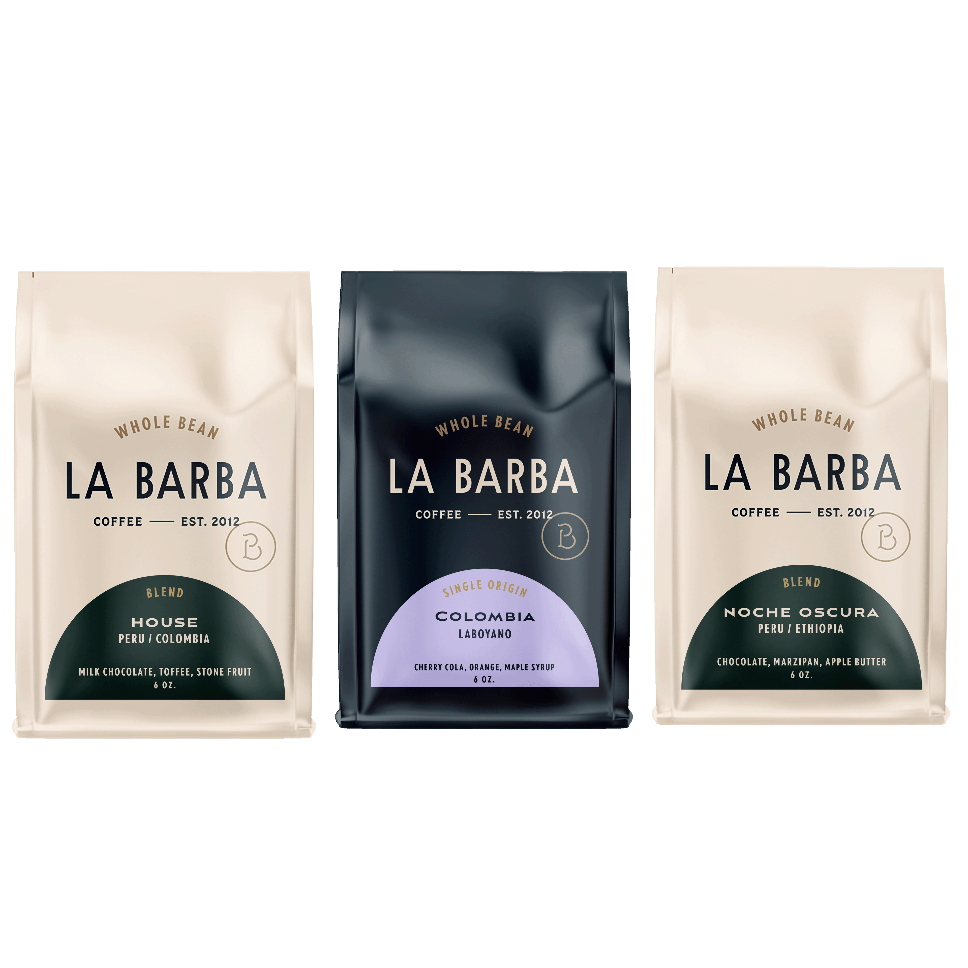 A product photo featuring three La Barba Coffee bags displayed side by side. The left bag is the La Barba House Blend (Peru/Colombia) in a light beige package with tasting notes of milk chocolate, toffee, and stone fruit. The center bag is a dark navy single origin Colombia Laboyano coffee with tasting notes of cherry cola, orange, and maple syrup. The right bag is the Noche Oscura Blend (Peru/Ethiopia) in a matching beige package with notes of chocolate, marzipan, and apple butter.