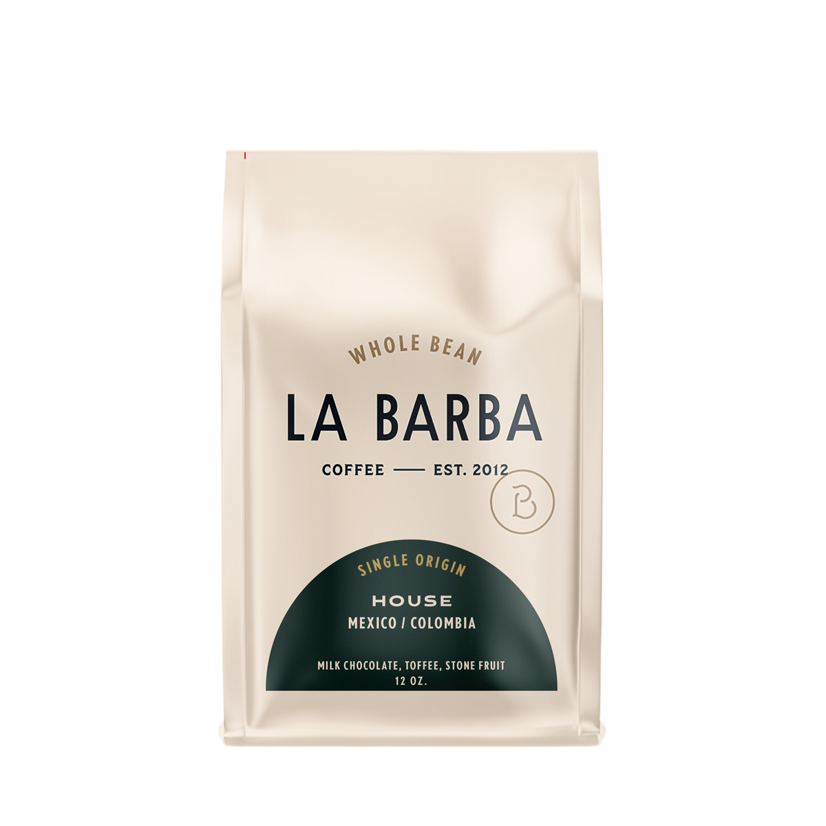 The image features a 12oz bag of La Barba Coffee, specifically their House Blend. The bag is designed with an ivory white background, prominently displaying the brand name "La Barba" in large, elegant letters. It highlights the coffee blend's origins, Mexico and Colombia, and includes a description of the flavor profile, including notes of Milk Chocolate, Toffee, and Stone Fruit. The design exudes a premium and modern feel with a minimalist, sophisticated look.