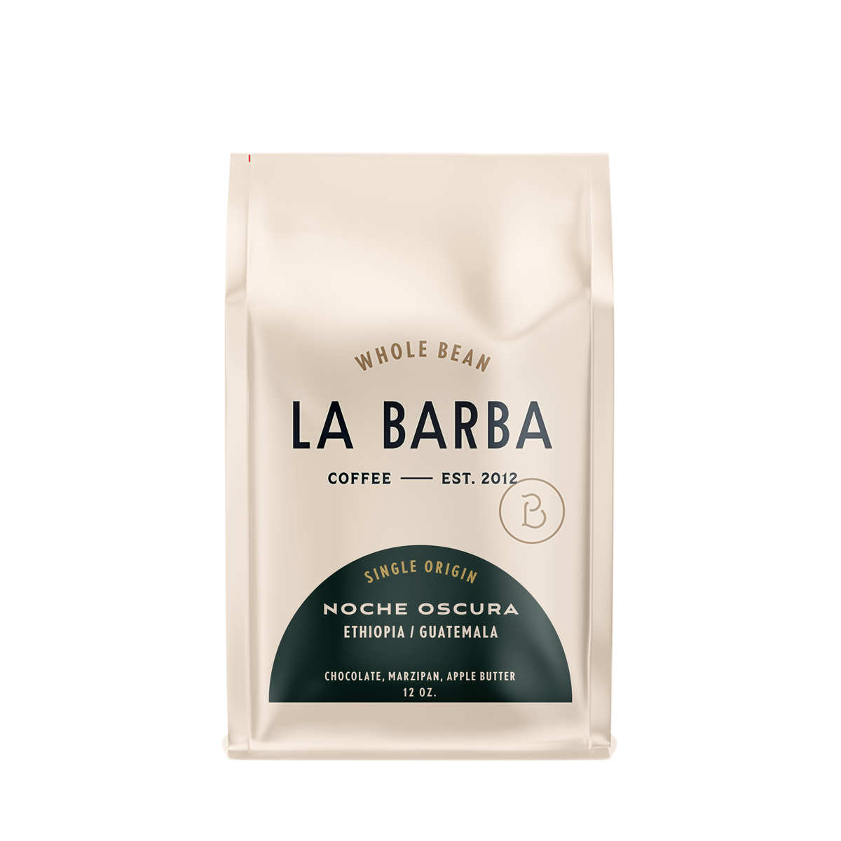 The image features a 12oz bag of La Barba Coffee, specifically their Noche Oscura Blend. The bag is designed with an ivory white background, prominently displaying the brand name "La Barba" in large, elegant letters. It highlights the coffee blend's origins, Ethiopia and Guatemala, and includes a description of the flavor profile, including notes of Chocolate, Marzipan, and Apple Butter. The design exudes a premium and modern feel with a minimalist, sophisticated look.