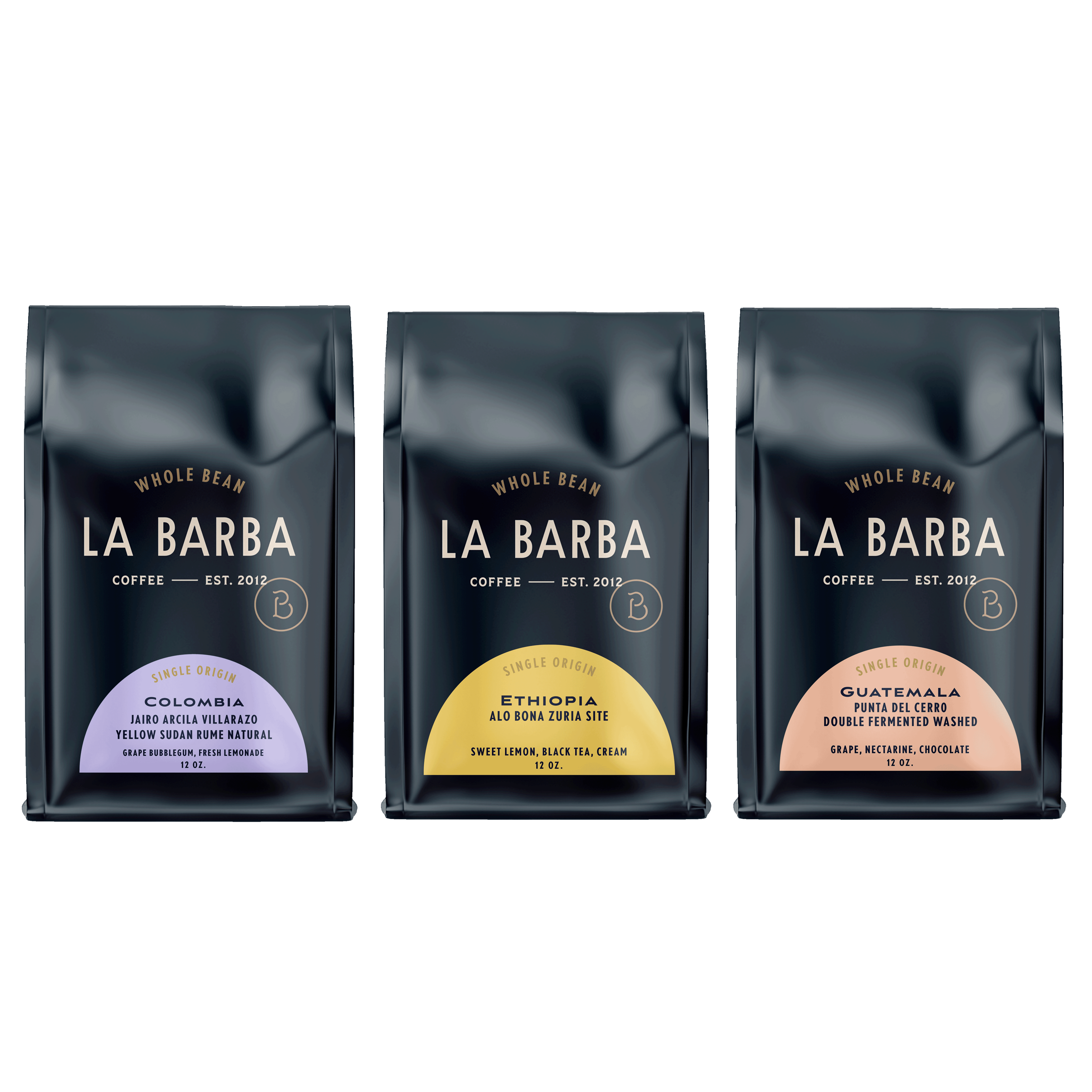 Three packages of La Barba coffee with different country labels on a white background