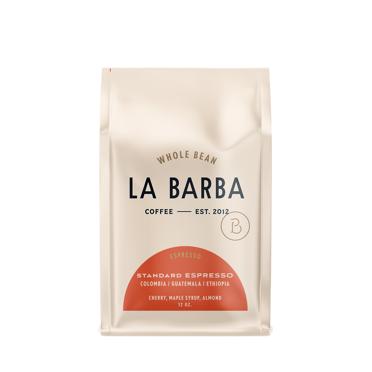 A 12 oz bag of La Barba Whole Bean Coffee, Standard Espresso, in a cream-colored stand-up pouch with a terracotta-colored semi-circle graphic at the bottom and black text.