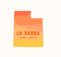 A sticker with the shape of Utah state, featuring orange and yellow gradient colors and the text 'LA BARBA COFFEE EST. 2012'.