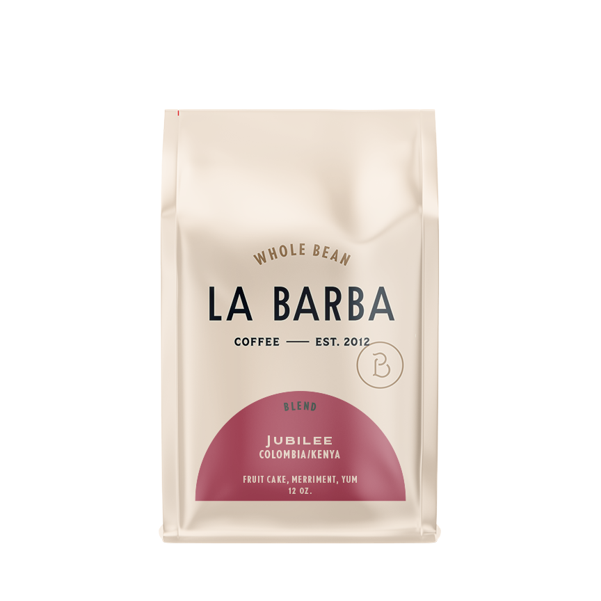La Barba Jubilee Colombian Kenya coffee in package on a white background